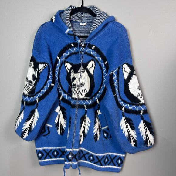 Yari Artesanias Sweater Jacket Large Wolf Nature wool Ecuador Blue‎ Hoodie VTG - Picture 1 of 14